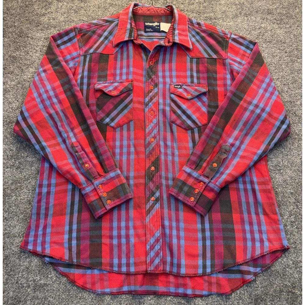 Vintage Wrangler Men's XL 18-36 Red Blue Plaid Western Pearl Snap X-Long Tails